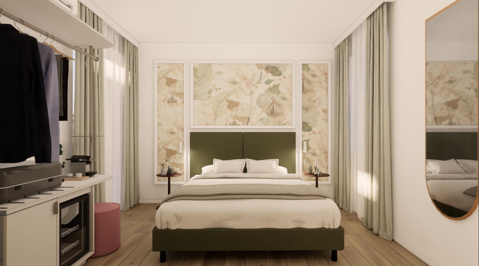 Camera da letto moderna con letto matrimoniale, armadio, tende chiare e decorazioni floreali sulle pareti