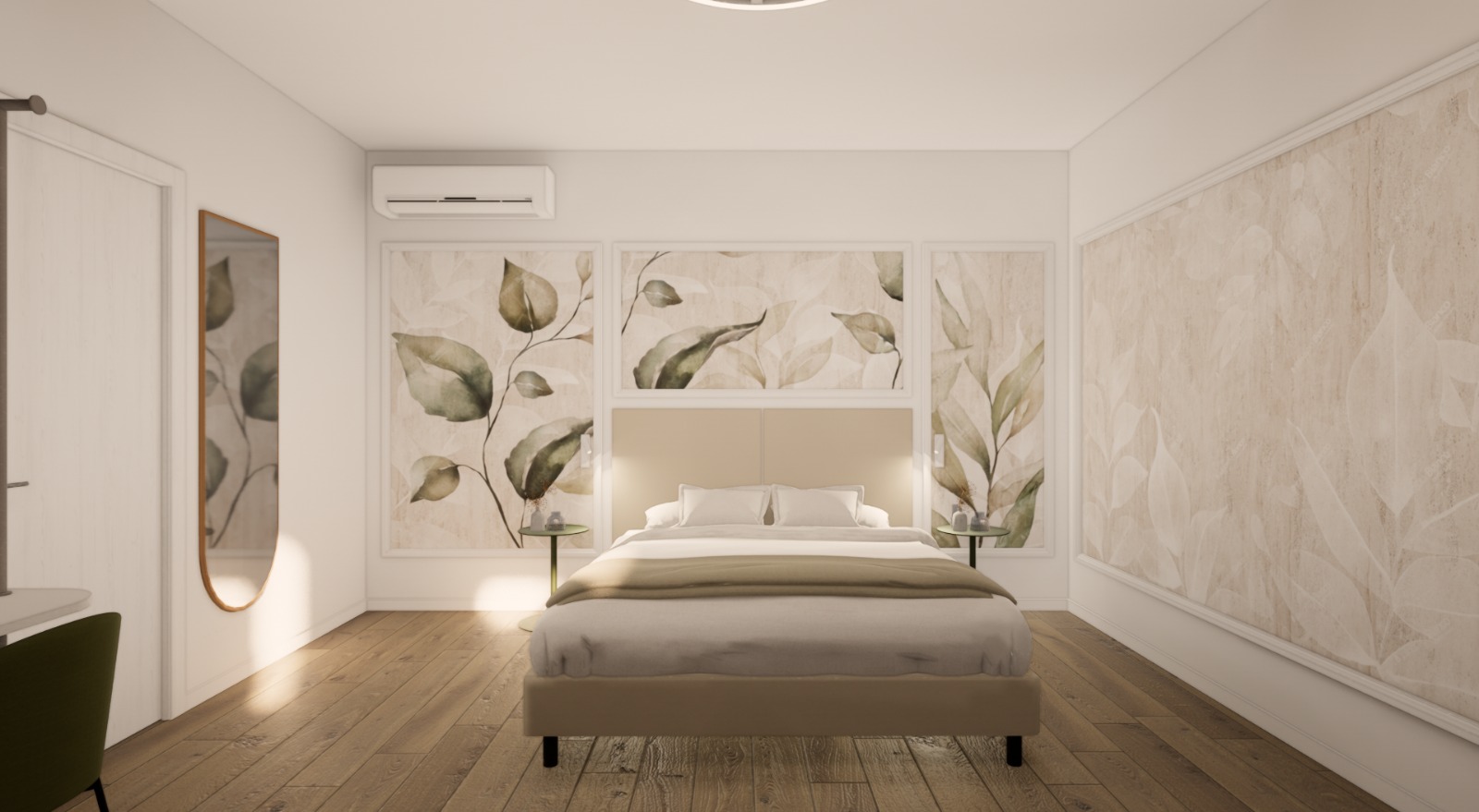 Camera da letto moderna con pareti decorate da foglie, letto matrimoniale, comodini e un grande specchio