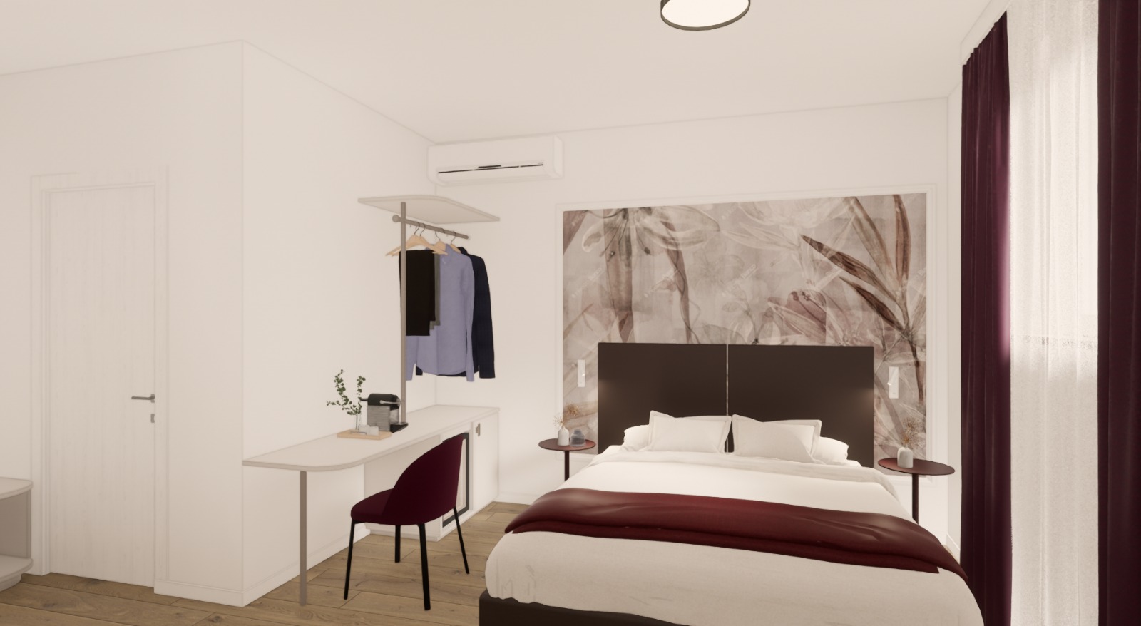 Camera da letto moderna con letto matrimoniale, scrivania, sedia e armadio aperto con abiti appesi
