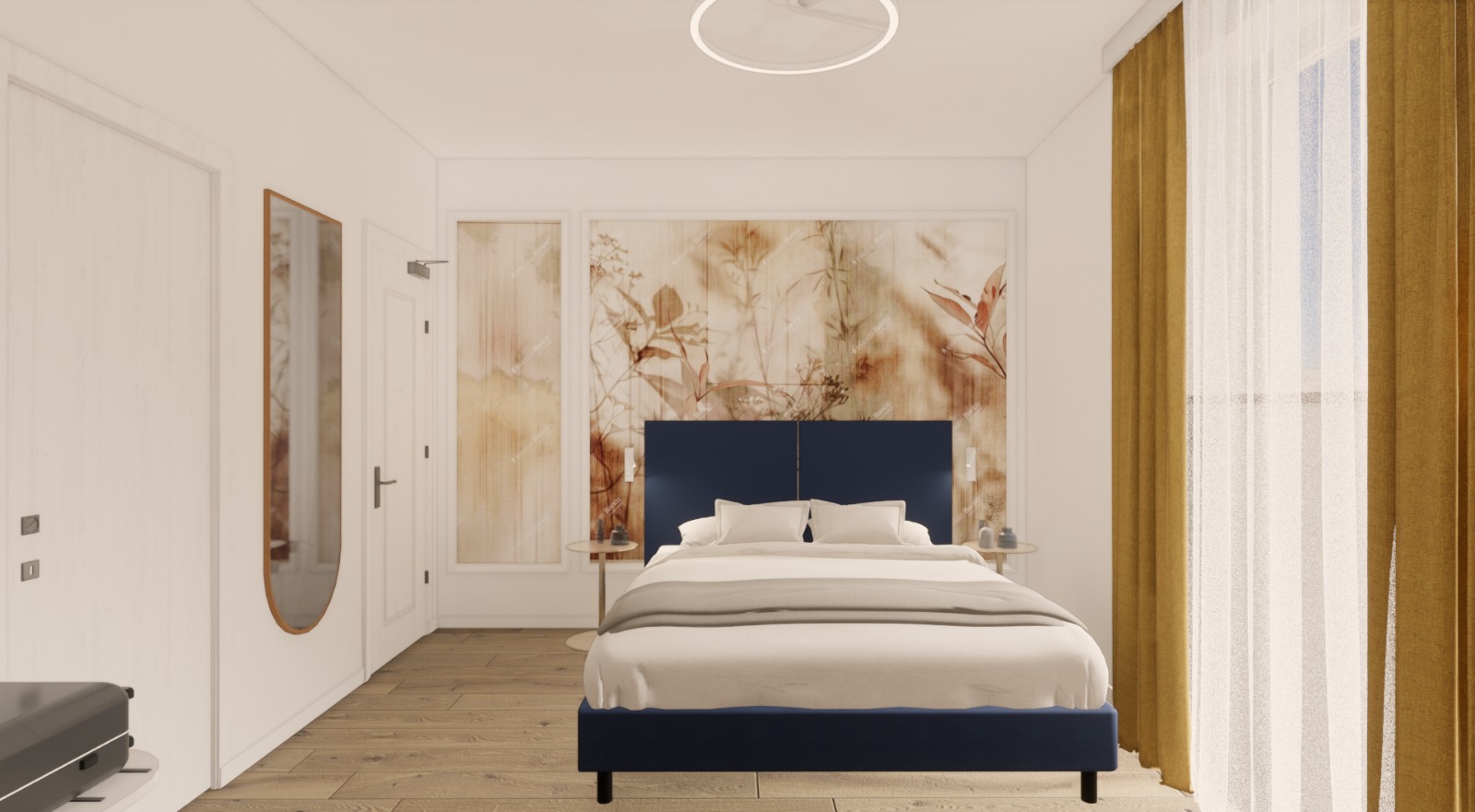 Camera da letto moderna con un letto blu, parete decorativa floreale e tende gialle