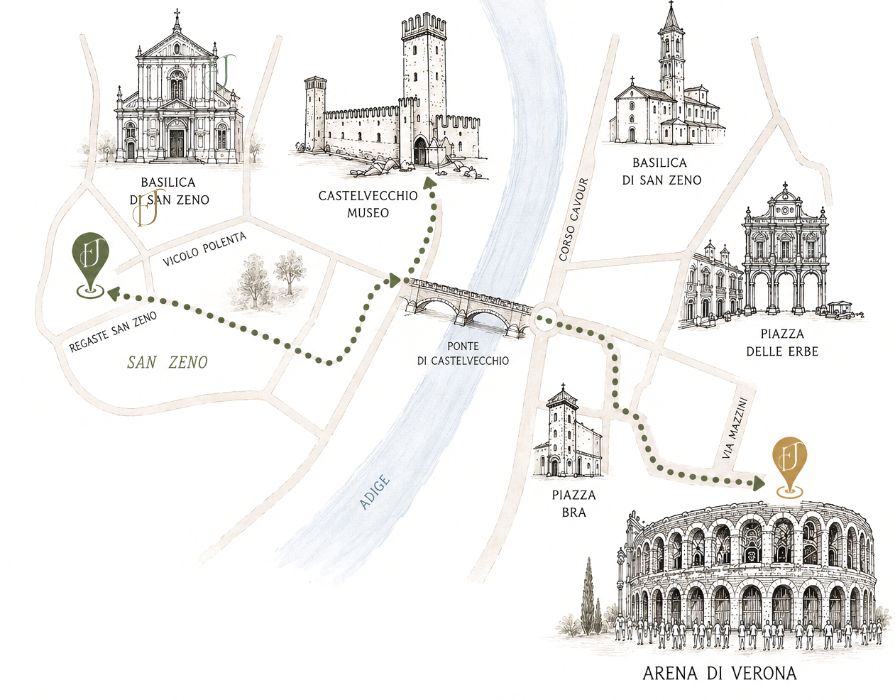 Mappa di Verona con punti di interesse, inclusi la Basilica di San Zeno, il Castelvecchio, e l'Arena di Verona, con percorsi segnati